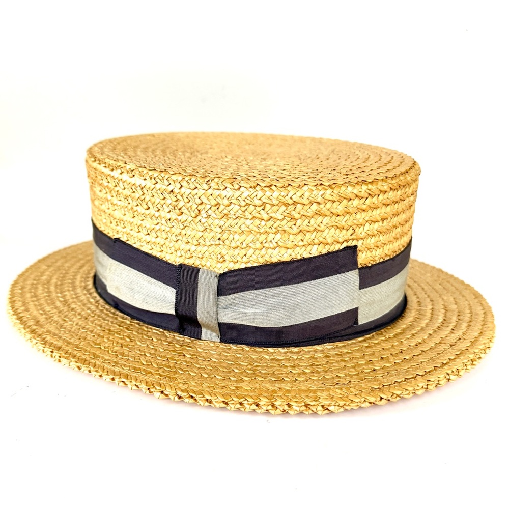 Ponte Rialto Straw Boater Hat with Plum and Gray Ribbon, Made in Italy